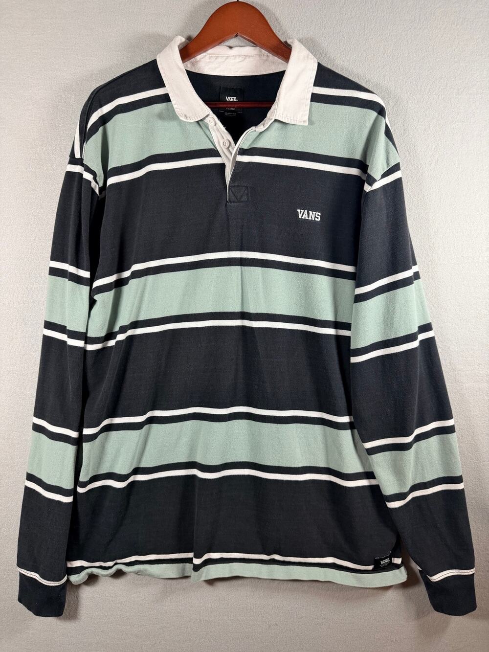 Vans Mens XL Black Sage Green Striped Long Sleeve Rugby Polo Shirt Cotton